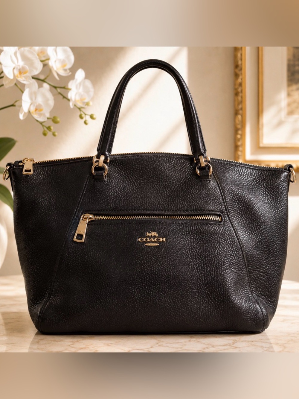 Coach Prairie F79997 Black Pebbled Leather Satchel Handbag Gold Hardware